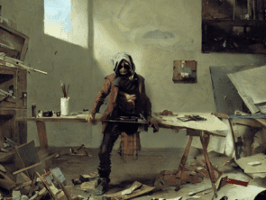A bandit in an artist's studio after the apocalypse from Stable Diffusion.