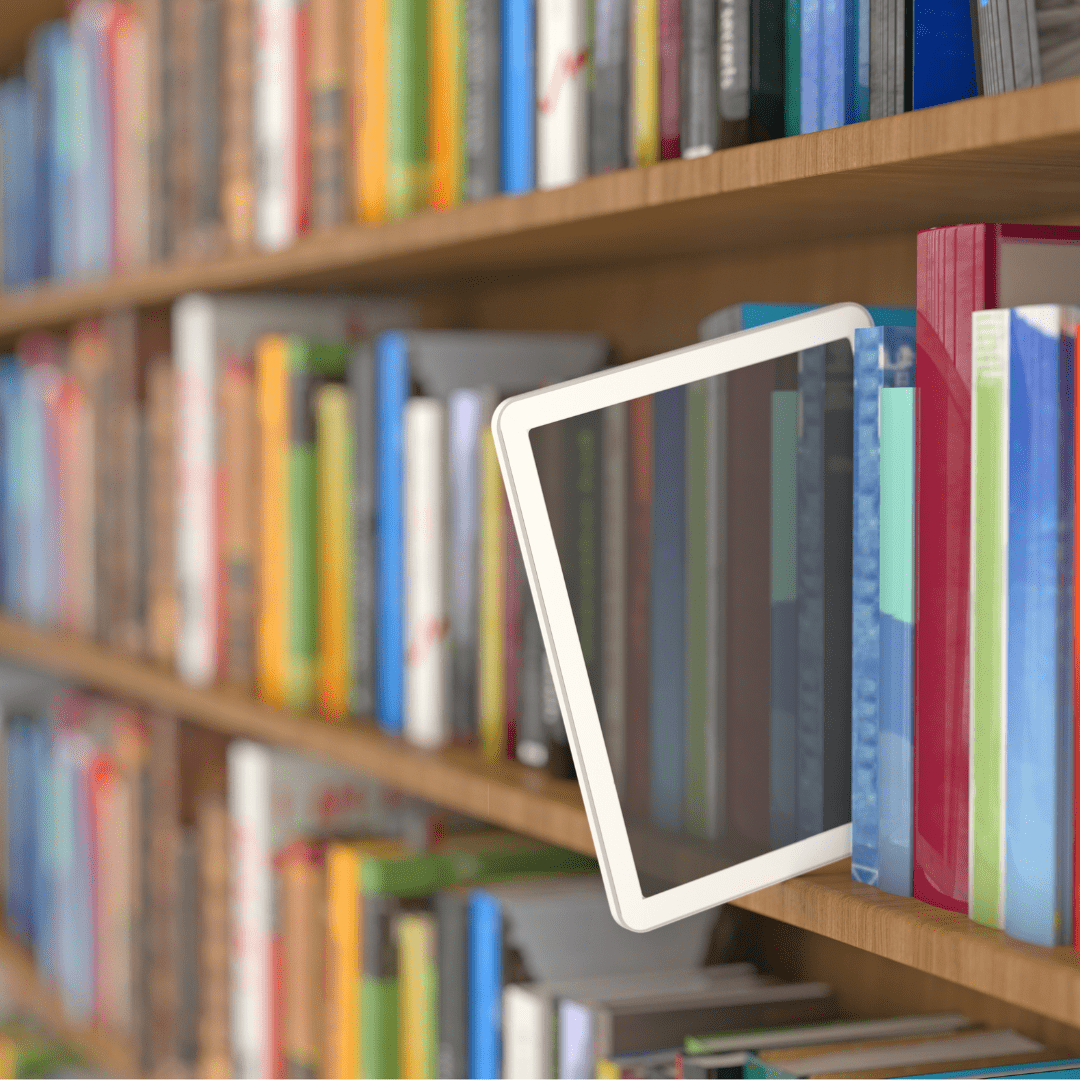 Colourful bookcase with a tablet screen poking out depicting an ebook.